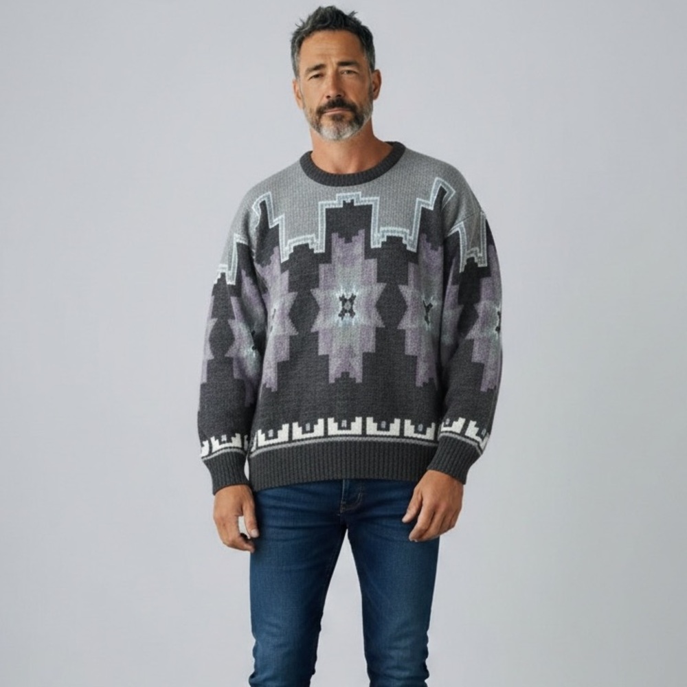 VTG Michael Gerald Southwest Aztec Sweater Men’s L‎ Gray Purple Geometric Knit